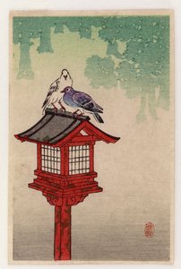 Piccioni su una lanterna dedicativa da Ohara Koson